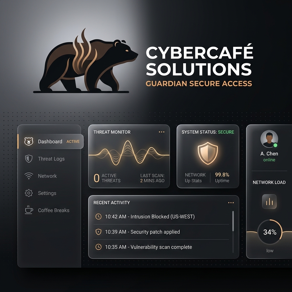 TaiBear Security Studio Hero Visual - Premium cybercafe style security dashboard